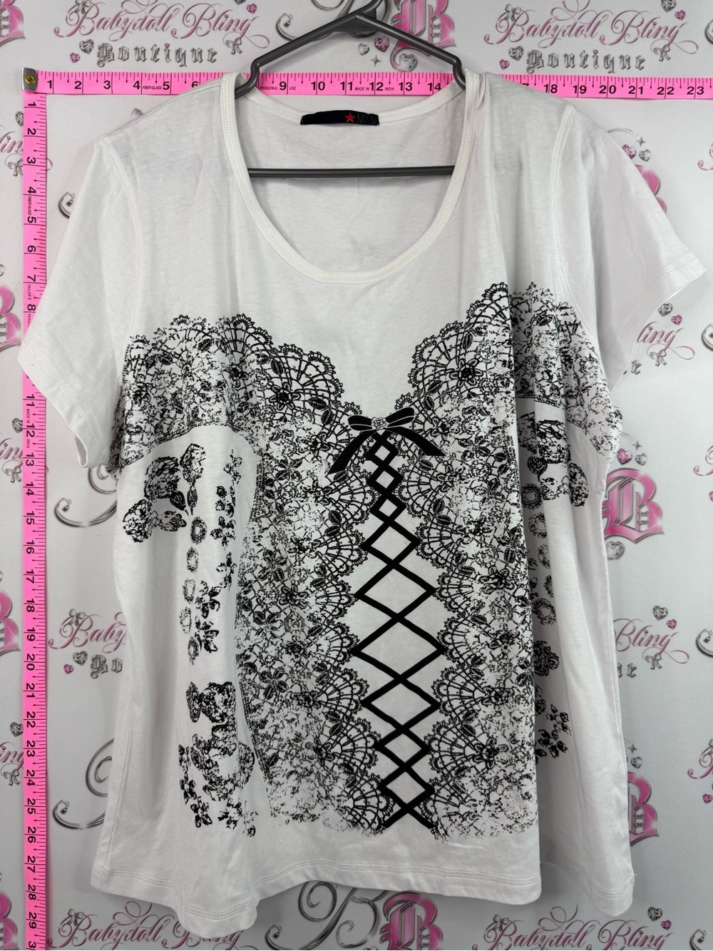 MXM tshirt corset bustier lace up White Short Sleeve Tee with Black Lace Print